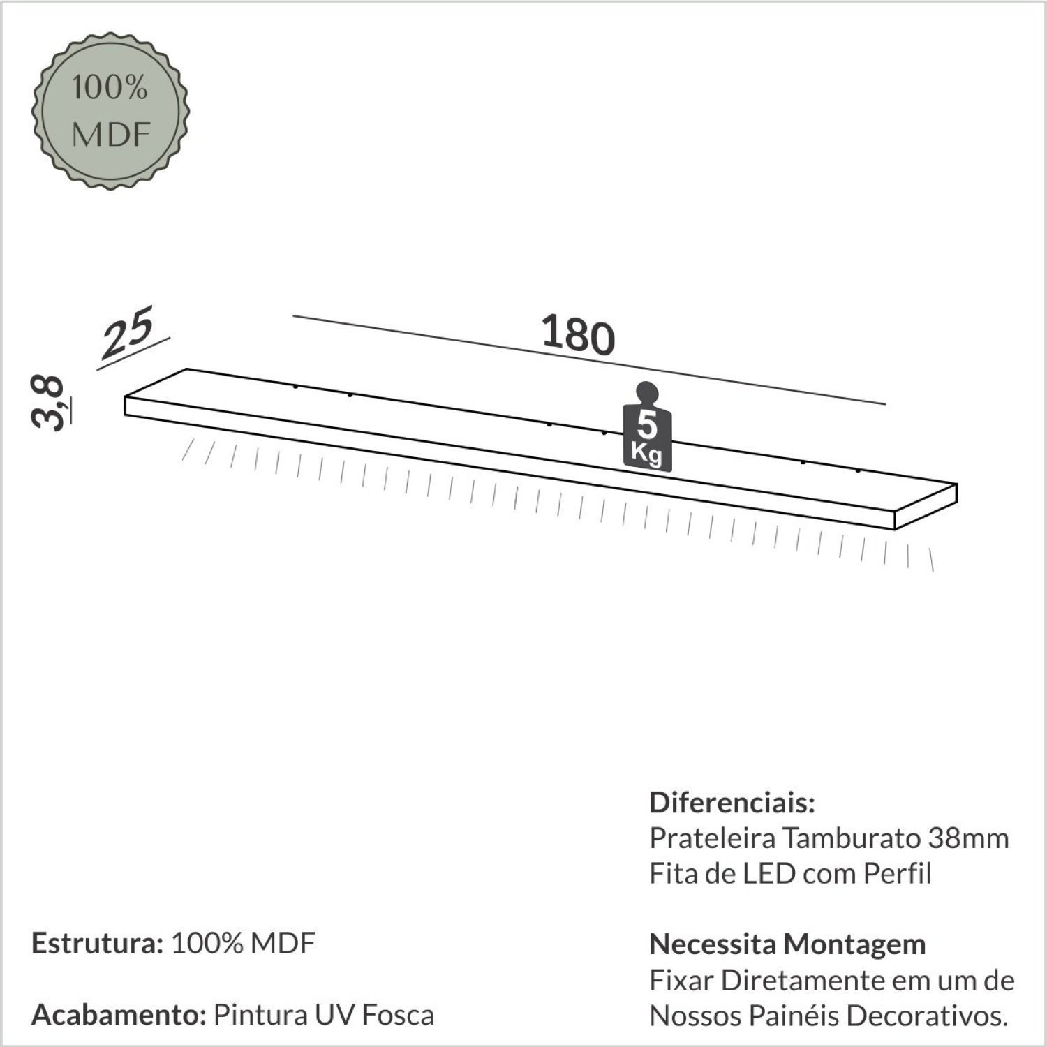 Prateleira Reta 180cm com Fita de LED TB185F - 3