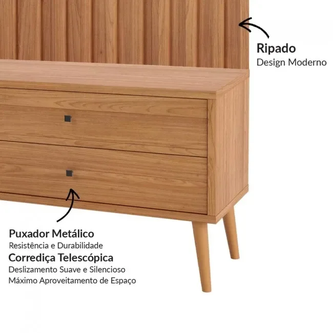 Rack Retrô com Painel para TV 75 Polegadas Ripado 100% MDF Porta Telada - 5 Rack Retrô com Painel para TV 75 Polegadas Ripado 100% MDF Porta Telada - 5