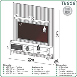Rack com Painel Ripado para TV até 75 Polegadas 1 Porta 2 Gavetas TB323 - 3
