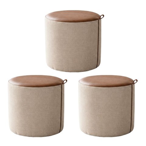 Kit 3 Puffs Requinte Design Elegante Decorativo Sala Sofisticada Premium - Couro Marrom/Linho Bege