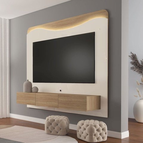Painel para TV até 75 Polegadas com MDF 200CMX168CM LED Orgânico Lumiere Bege Carvalho/Off White