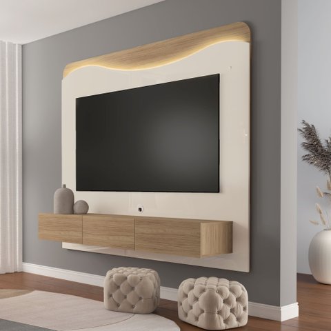 Painel para TV até 75 Polegadas com MDF 200cmx168cm Led Orgânico Lumiere Bege Carvalho/Off White