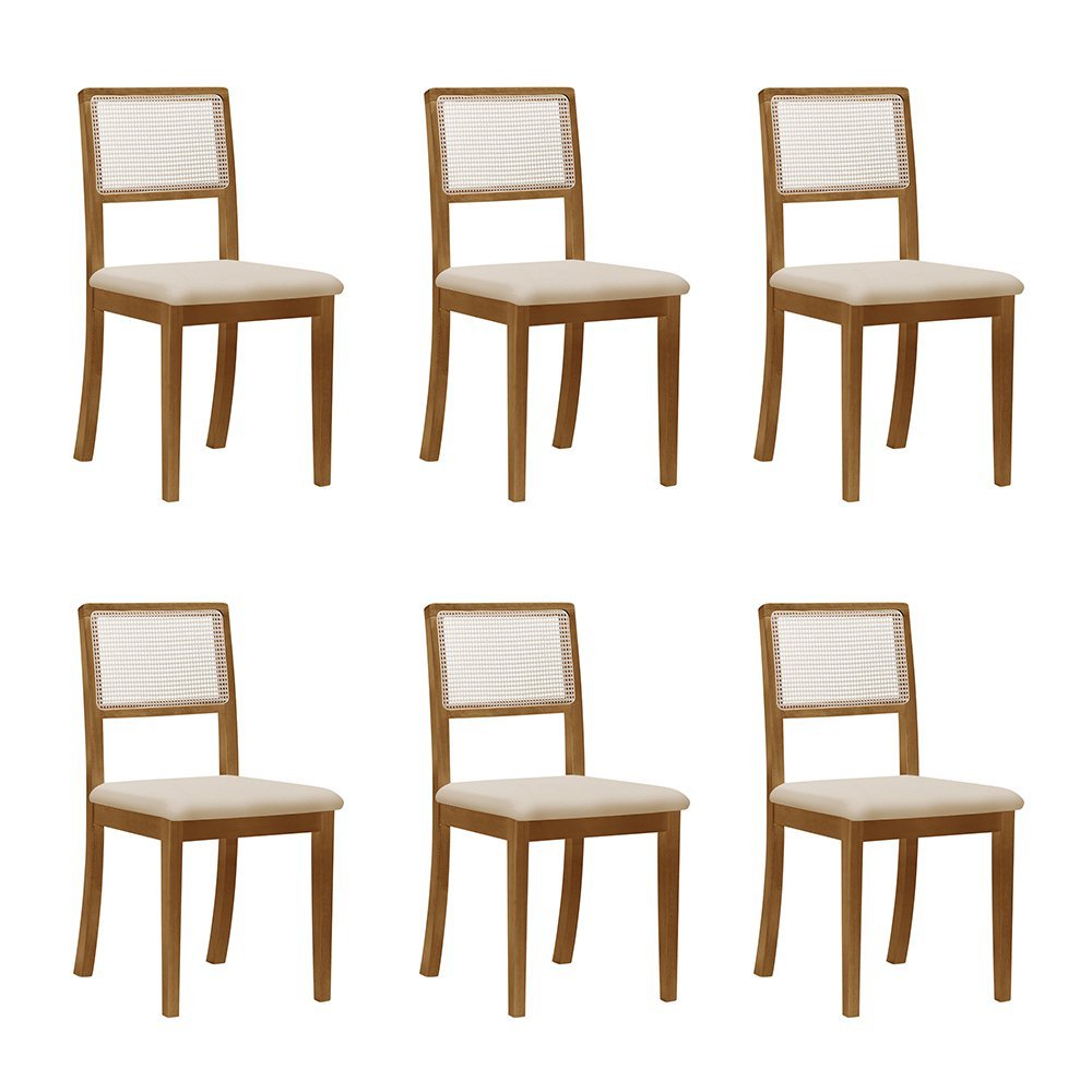 Kit 6 Cadeiras de Jantar Luxo Palha Estofadas Veludo Bege Encosto Tela Sextavada Rubi Madeira Maciça
