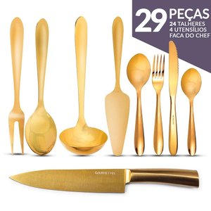 Kit Utensílios de Aço Inox Lovers Ouro 9 Peças Gourmet Mix