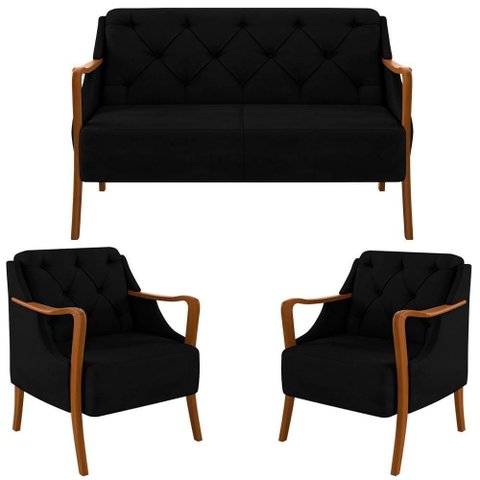 Kit Namoradeira 135cm e 2 Poltronas Decorativas Capitonê Lapa M22 Veludo Preto - Mpozenato
