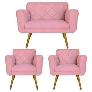Conjunto Namoradeira e 2 Poltrona Isabella Sala de Estar Suede Rosa - DL DECOR