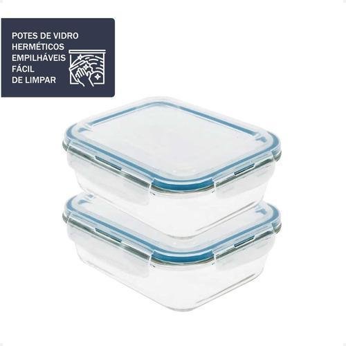 Kit 2 Potes Herméticos Retangulares Marmita de Vidro 330 Ml - 1
