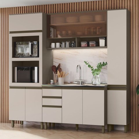Cozinha Compacta Connect 9 Portas 2 Gavetas 100% MDF com Vidro Reflecta Duna/Cristal - Henn