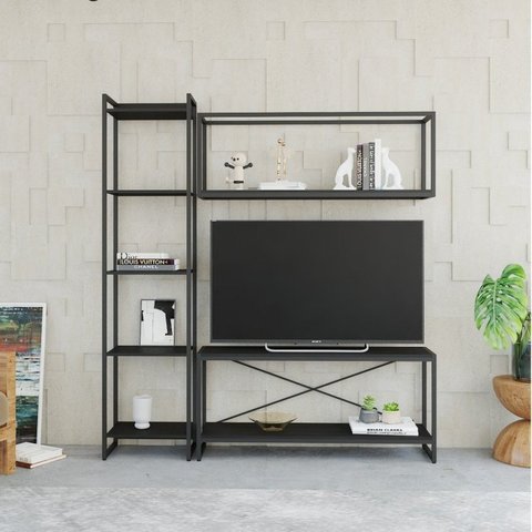 Estante para TV até 50 Polegadas 1 Nicho Aéreo 1 Estante Estilo Industrial Active Yescasa Preto