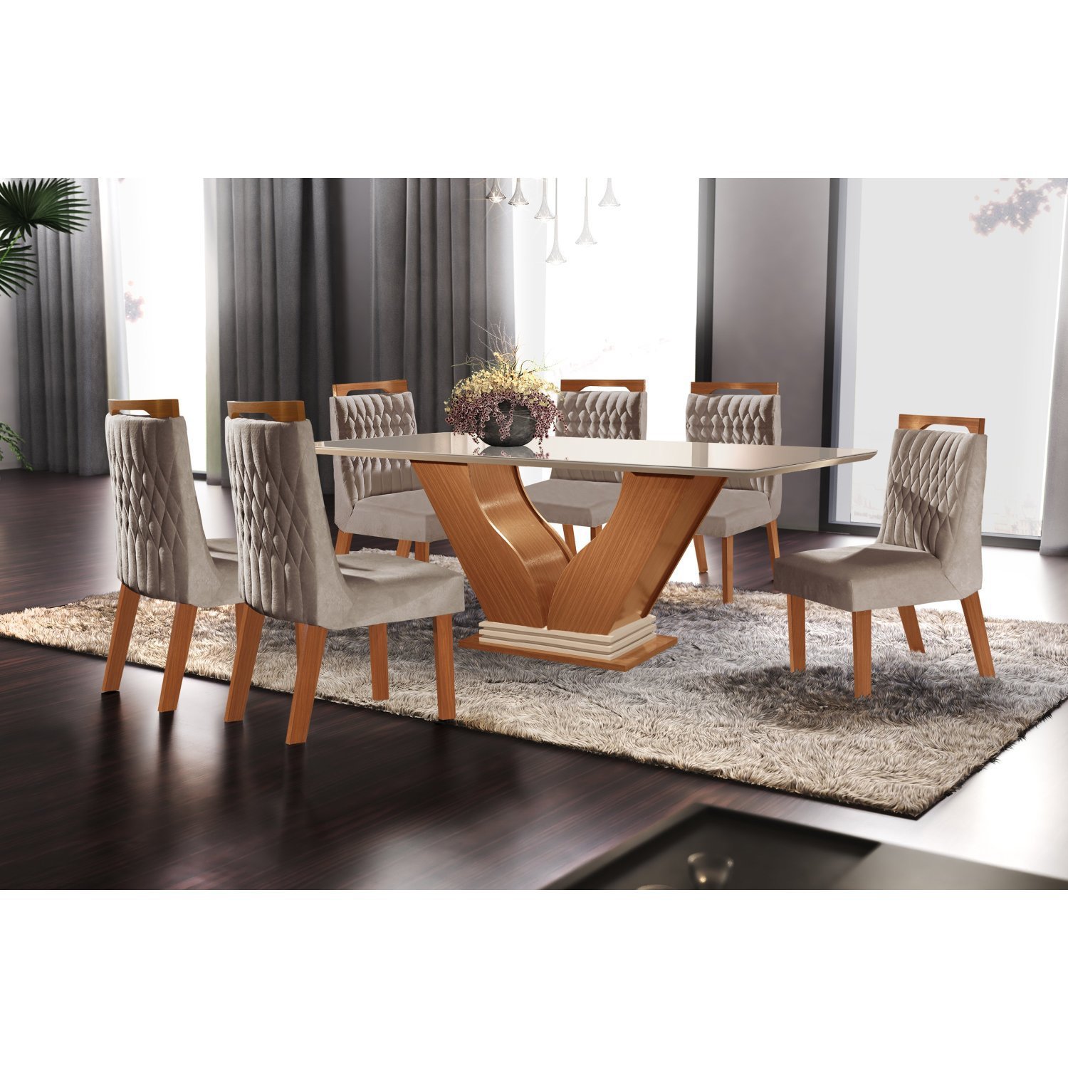 Conjunto Sala de Jantar Mesa Tampo Vidro/MDF Safira com 6 Cadeiras Atena