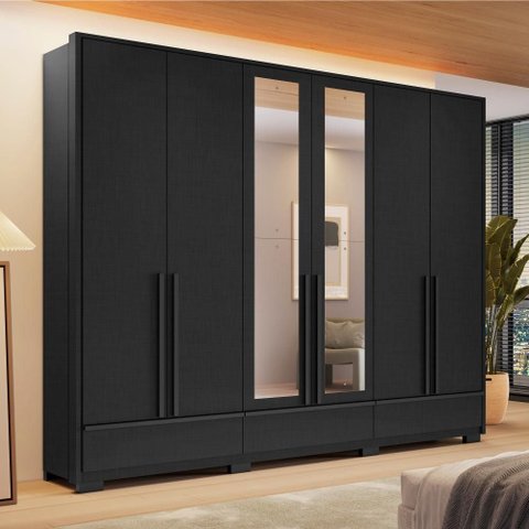 Guarda Roupa Casal 6 Portas 3 Gavetas NT6035 com Espelho Preto Tx Notável Móveis