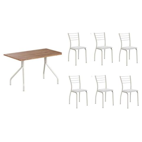 Conjunto: Mesa de Cozinha 1556 Aço 136cm + 6 Cadeiras 1700 Prata/Freijo - Prata/Corano Branco -