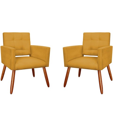 Kit 2 Poltronas Decorativa Camila Couro Amarelo Pés Madeira Mz Decor