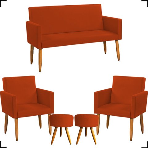 Kit Namoradeira Decorativa + 2 Poltronas Para Sala Reforçadas + 2 Puff Redondo Suede Terracota