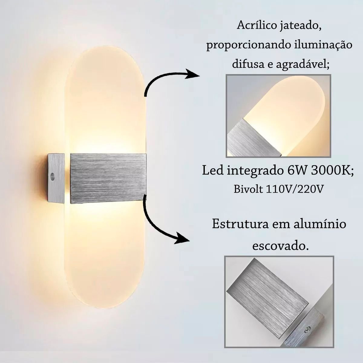 3 Arandela Sala Prata Escovado Acrilico Led Integrado Lup93 - 2