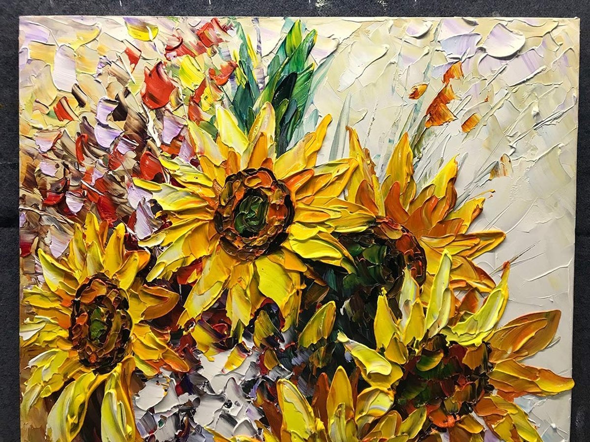 Quadro Pintura Tela extra amarelo buquê acrílica 5240: 100cm (A) x 200	cm (L) - 4