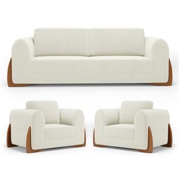 Kit 02 Poltronas e 01 Sofá Bloom 160cm 02 Lugares com Pés de Madeira Bouclê Off White - Desk Design - 1