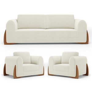 Kit 02 Poltronas e 01 Sofá Bloom 160cm 02 Lugares com Pés de Madeira Bouclê Off White - Desk Design