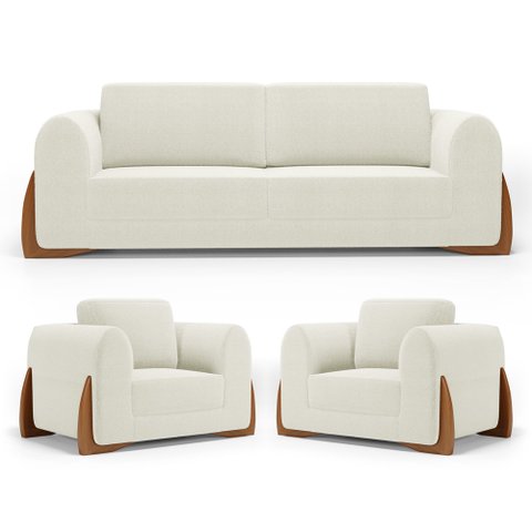 Kit 02 Poltronas e 01 Sofá Bloom 160cm 02 Lugares com Pés de Madeira Bouclê Off White - Desk Design