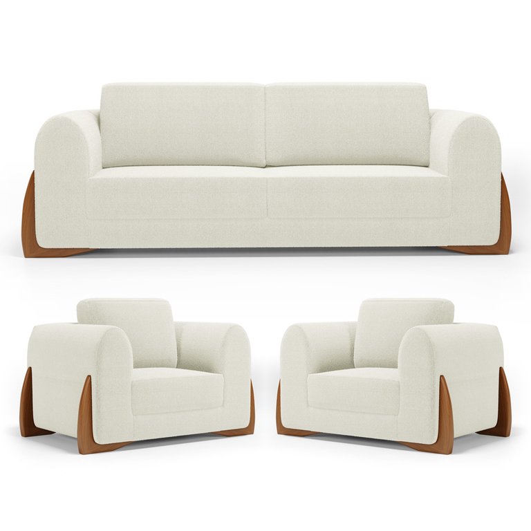 Kit 02 Poltronas e 01 Sofá Bloom 160cm 02 Lugares com Pés de Madeira Bouclê Off White - Desk Design