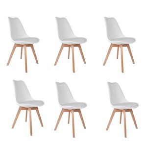 Kit 6 Cadeiras de Jantar Saarinen Leda Tulipa Base Wood Madeira Maciça com Estofado em Couro Branco