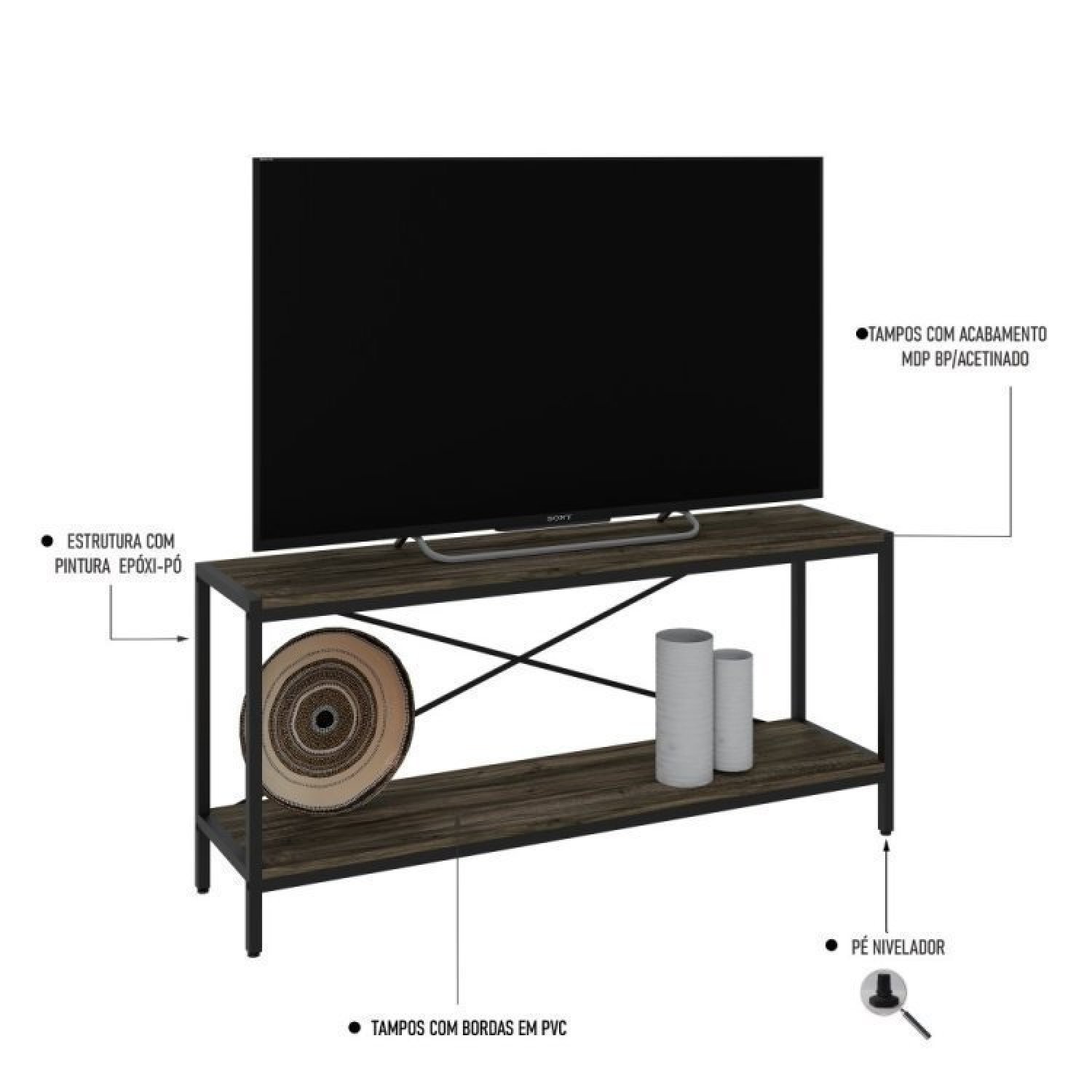 Conjunto Rack para TV até 50 Polegadas 1 Nicho Aéreo 2 Estante Estilo Industrial Active Yescasa - 6