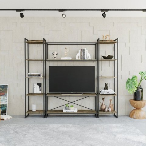 Estante para TV até 50 Polegadas 1 Nicho Aéreo 2 Estante Estilo Industrial Active Yescasa Marrom