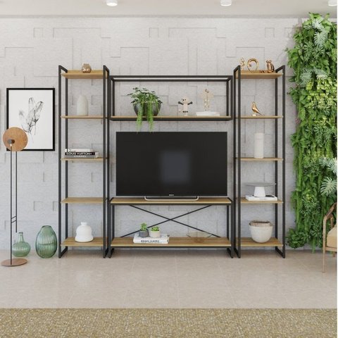 Estante para TV até 50 Polegadas 1 Nicho Aéreo 2 Estante Estilo Industrial Active Yescasa Marrom