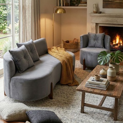 Conjunto 01 Poltrona + Sofá Curvo Orgânico Luna Veludo Cinza - Montanaris Decor