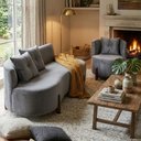 Ver imagem 1 de Conjunto 01 Poltrona + Sofá Curvo Orgânico Luna Veludo Cinza - Montanaris Decor