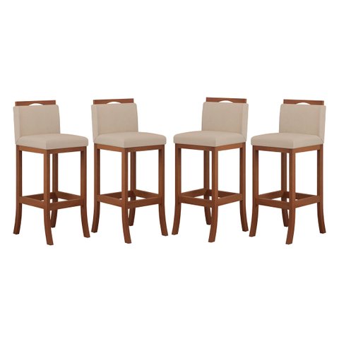 Kit 4 Banquetas Alta de Madeira para Cozinha Suede Bege