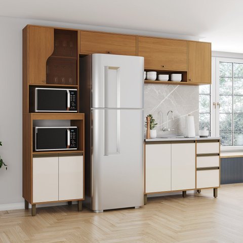 Cozinha Modulada Compacta 4 Peças com Aéreo Nicho e Torre Quente 2 Fornos Venaly