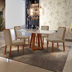 Conjunto Sala de Jantar Madeira Maciça Mesa Floripa 120x80cm Tampo Retângular Vidro Off White com 4 