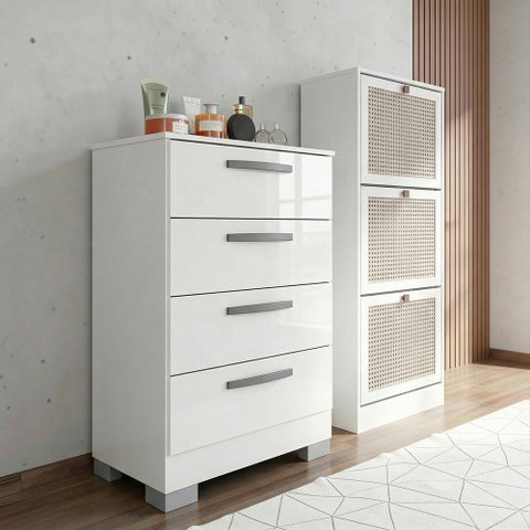 Kit Cômoda Alice e Sapateira 3 Portas Branca Poquema