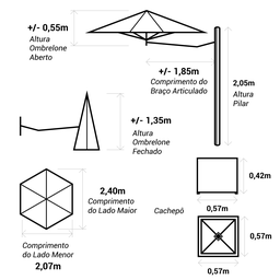 Ombrelone Lateral Preto - 2,40m de Diâmetro - em Alumínio - Base Cachepô - Persianet - 7
