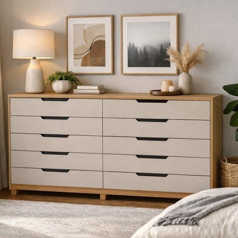 Kit 2 Cômodas 5 Gavetas 100% MDF Barcelona Bege/Carvalho/Off White