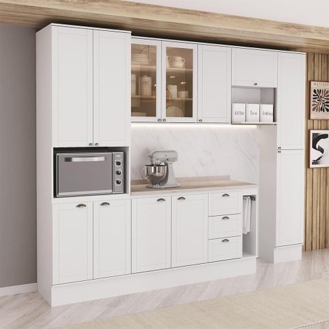 Cozinha Completa Milla Liv 12 Portas 3 Gavetas MDF 290cm Branco Móveis Carraro