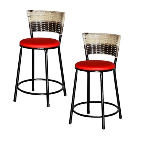 Jogo 2 Banqueta Baixa Ratan Hawai Preta Cappuccino Premium  