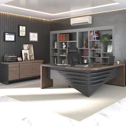 Conjunto 2 Peças com Mesa Diretor em L e Armário Multiuso Baixo 3 Gavetas 2 Portas Preto Charuto