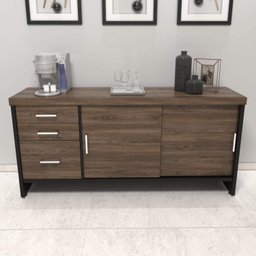 Conjunto 2 Peças com Mesa Diretor em L e Armário Multiuso Baixo 3 Gavetas 2 Portas Preto Charuto - 10 Conjunto 2 Peças com Mesa Diretor em L e Armário Multiuso Baixo 3 Gavetas 2 Portas Preto Charuto - 10