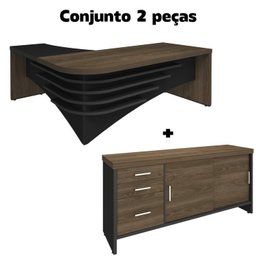 Conjunto 2 Peças com Mesa Diretor em L e Armário Multiuso Baixo 3 Gavetas 2 Portas Preto Charuto - 2 Conjunto 2 Peças com Mesa Diretor em L e Armário Multiuso Baixo 3 Gavetas 2 Portas Preto Charuto - 2