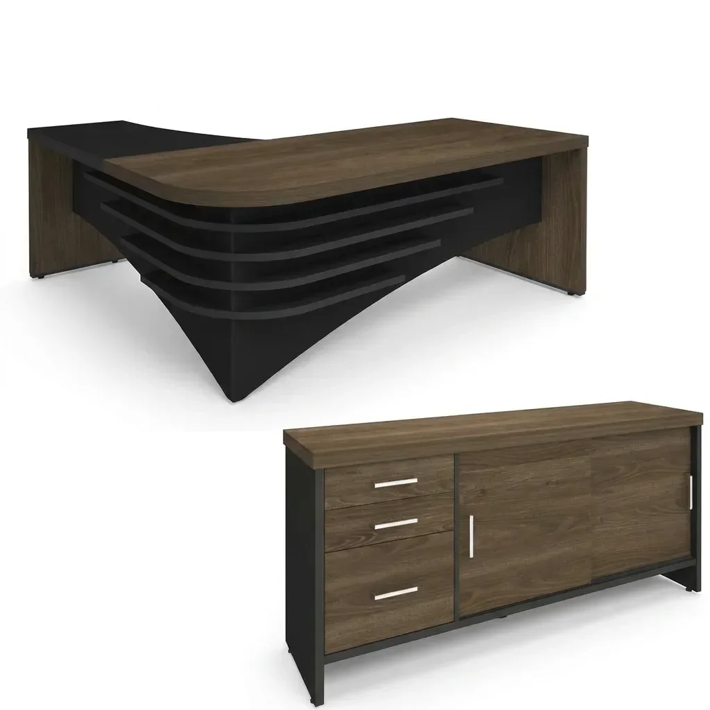 Conjunto 2 Peças com Mesa Diretor em L e Armário Multiuso Baixo 3 Gavetas 2 Portas Preto Charuto - 17 Conjunto 2 Peças com Mesa Diretor em L e Armário Multiuso Baixo 3 Gavetas 2 Portas Preto Charuto - 17