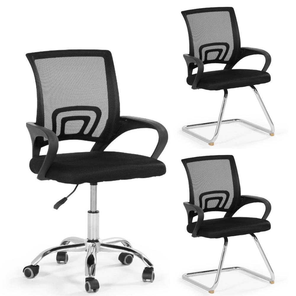 Kit Cadeiras de Escritório 1 Secretária Office + 2 Fixa - Preto