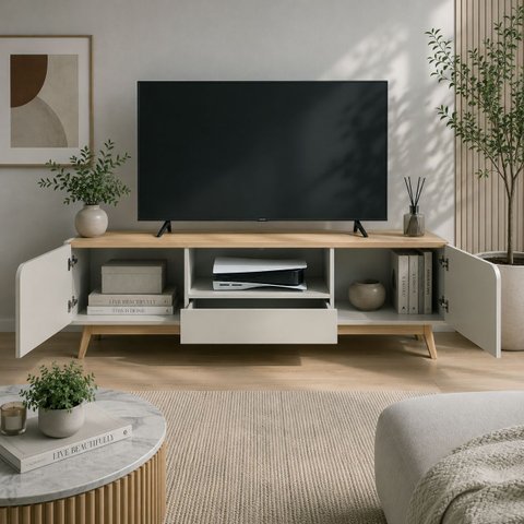 Rack Bancada TV 2 Portas Arredondadas 180cm Nicho e Pés de Madeira R1496 Bege Arenas Carvalho Tropic