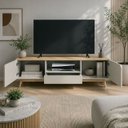 Ver imagem 1 de Rack Bancada TV 2 Portas Arredondadas 180cm Nicho e Pés de Madeira R1496 Bege Arenas Carvalho Tropic