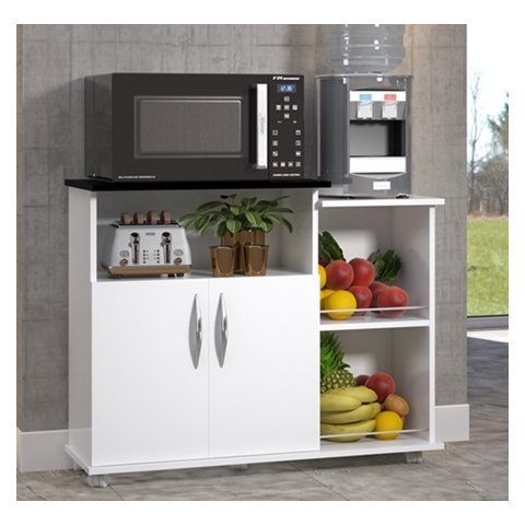Fruteira Armário Cozinha Branco c/ Preto Multiuso 2 Portas c/ Rodinha