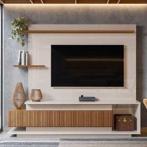 Estante Home para Tv até 65 Polegadas com 2 Portas Efeito Ripado 3d Off White Perolizado/jequitiba