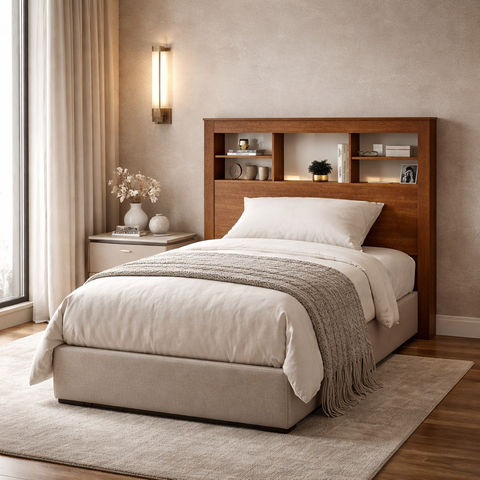 Cabeceira Cama Box Solteiro 97cm Nicho Prateleira MDF Moderna Lisboa MDP para Quarto Cinamomo