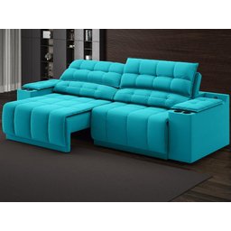 Sofá com Porta Copos Carregador USB Ret Rec Samurai 2,50m Velosuede Turquesa - NETSOFAS - 1