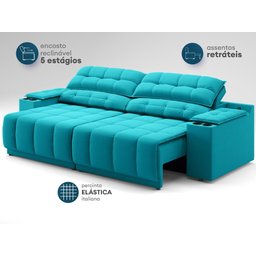 Sofá com Porta Copos Carregador USB Ret Rec Samurai 2,50m Velosuede Turquesa - NETSOFAS - 5